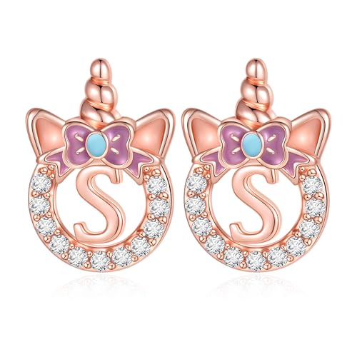 C-leen Gifts for Teen Girls Unicorn Earrings Rose Gold Plated Unicron Initial S Stud Earrings Earrings for Girls Christmas Gifts for Teens