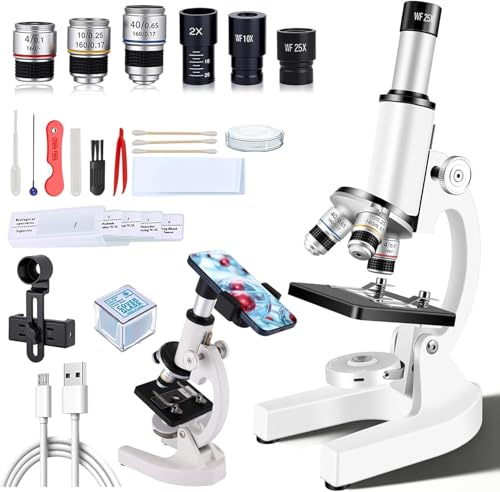 Monokulares Mikroskop, 40- bis 2000-fache Vergrößerung, mit Smartphone-Adapter, inklusive Objektträgern Heimschul-Labor Kindermikroskop-Set für Schüler (Schwarz-Weiß)