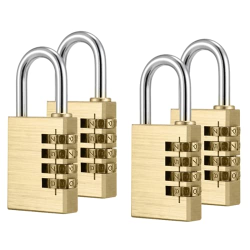 ZHome Portable 4-Digit Brass Combination Padlock for Locker - Mini Password Resetable Code Lock for Luggage Suitcase Backpack Gold 4Pcs/Set