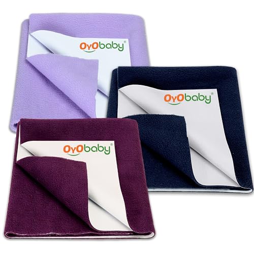 Image of OYO BABY Anti-Piling Fleece Extra Absorbent Instant Dry Sheet for Baby, Baby Bed Protector, Waterproof Sheet, Medium Size 100 x 70cm, Pack of 3, Dark Blue, Plum & Voilet