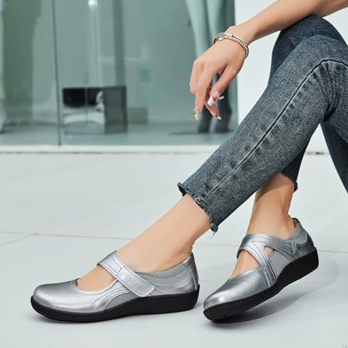 Oviaric Women's Classic Comfort Silver Mary Jane Flats Fashion Casual Dress Shoes Cute Closed Toe Slip On Lightweight Breathable Walking Shoes 7.5 M US 1904-YIN075 by Oviaric - Used condition - Image 2