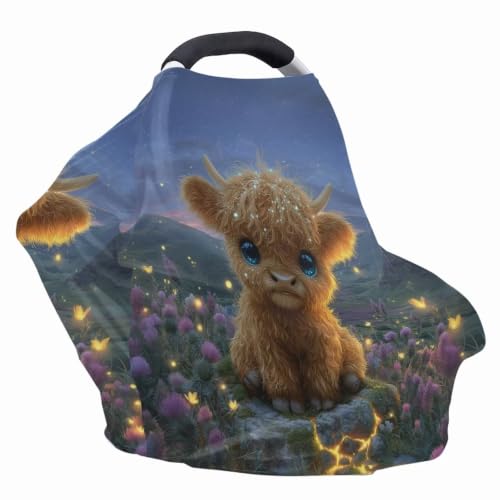 Image of Wanyint Car Seat Cover for Boys Girls, Nursing Carseat Canopy Baby Breastfeeding Cover Multi-Use Nursing Scarf Infant Stroller Cover, Highland Cow Night
