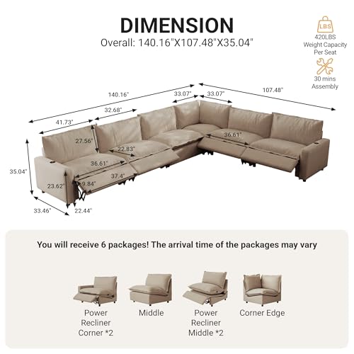 Image of 140.16 inch Power Reclining Sofa with Wireless Charging & Heated Seats,Smart Recliner Sectional Couch,Zero Gravity Recliner Sofa,Deep Seat Cloud Couch for Living Room Home Theater,Khaki,6 Seats