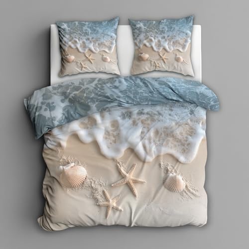 Generisch Strand Und Meer Bettwäsche 135x200 2tlg 1 Kissenbezüge 80x80 - Ozean Muscheln Seestern Design Wendebettwäsche Weiche Mikrofaser Bettbezug mit Reißverschluss Deko & Geschenke FxH110