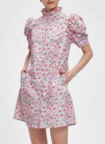 Image of Ladyful Women's Summer Floral Shift Short Sleeve Button Front Mini Dress | puff sleeve, ruffle stand neck, boho style, beach vocation, 100% cotton, loose fit, shirt sundress