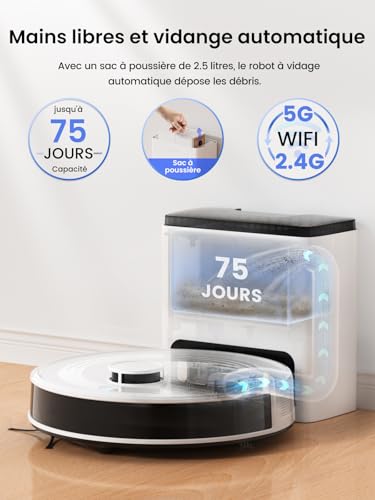 Lefant M2 Plus Aspirateur Robot Laveur avec Station, Vidange Automatique, Navigation Laser avec Cartographie, Évitement d'obstacles PSD, 6000Pa, Nettoyage Personnalisé, Idéal pour Poils d'animaux, App