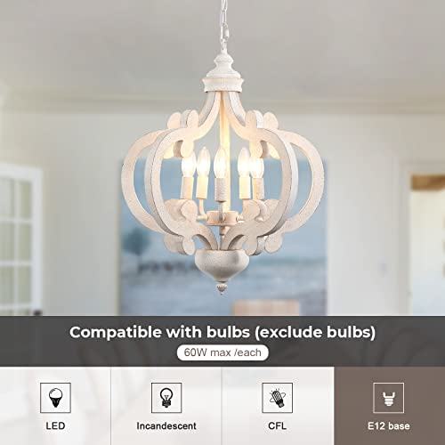 Wooden Farmhouse Antique White Chandelier, 5 Lights Cottage Lighting Fixture Wash Finish Industrial French Country Chandelier Hanging Ceiling Lamp For Kitchen Island Dining Room Bedroom Foyer Hallway #TOP4