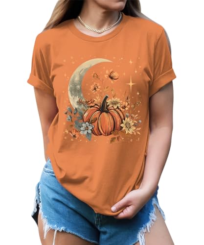 GyftWear Women's Fall Pumpkin Shirts Floral Boho Moon Graphic Tees Halloween Plus Size Tops4