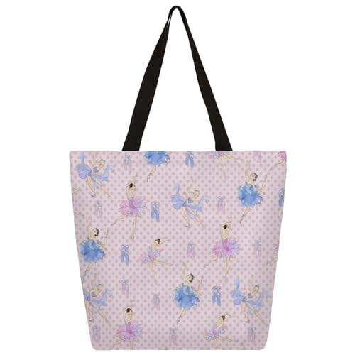 Mularoka Polka Dot Ballet Large Capacity Canvas Tote Bag Stylish Handheld Shoulder Bag Reusable Shopping Bag for Work Travel Beach Trips Shopping