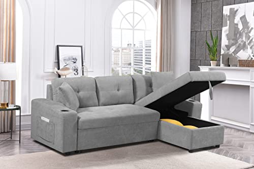 Biadnbz Reversible Sectional Sofa Sleeper With Storage Chaise Lounge And Cupholders, Modern L-Shaped Couch Sofabed With Pillows&Side Pockets For Living Room Apartment, Light Gray #TOP2