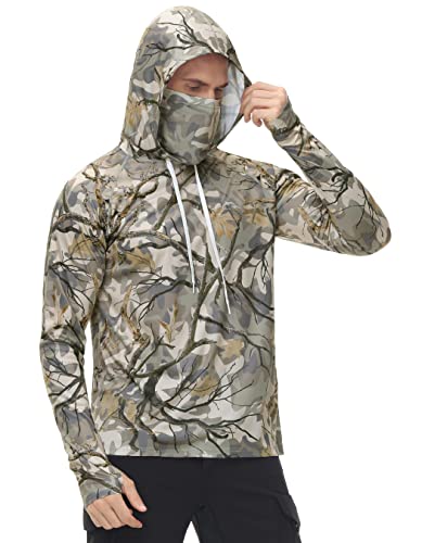 FISHEAL Men's Hunting Shirts with Mask - UPF 50+ Camo Long Sleeve Fishing Hoodie Shirt with Adjustable Drawstring2