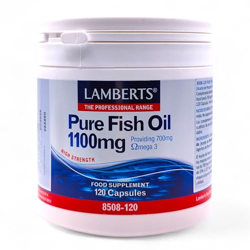 Lamberts Aceite de Pescado Puro (Pure Fish Oil) 120 Perlas de 1100mg - Con Omega-3 700mg, EPA 355mg, DHA 237mg y Vitamina E - Contribuye al Funcionamiento Normal del Cerebro, Corazon y Visión