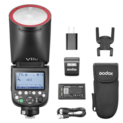 Godox V1Pro-F TTL Li-ion Round Head Camera Flash, 76Ws Power, 100 Full-Power Continuous Shots, 2.4G Wireless (100m Range), High-Speed Sync (1/8000s), Compatible with Fuji Cameras