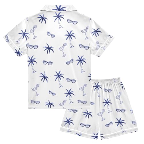 Coconut Tree Glasses Pattern Summer Satin Pajama Set, Cute Button-Down Sleepwear Pj Set for Sleep Wears2
