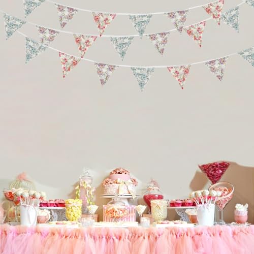 Image of Zwiebeco 32Ft Vintage Flowers Fabric Pennant Banner Triangle Flags Cotton Retro Floral Bunting Party Decorations for Birthday Engagement Wedding Baby Shower Spring Rustic Village Home Garden Decor