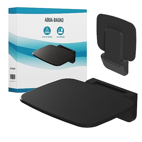 Aqua Bagno | Schwarzer Duschklappsitz zur Wandmontage, bis 160 kg belastbar, Klappbarer Sitz für Dusche für Senioren
