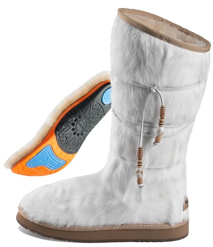 Mel&Syd Sheepskin Fur Boots with Arch Support: Plantar Fasciitis Relief & Long Fur Tassel - Shearling lined Knee High Winter Snow Boots - The Comfortable Fashionista's All-Day Style - White Size 11