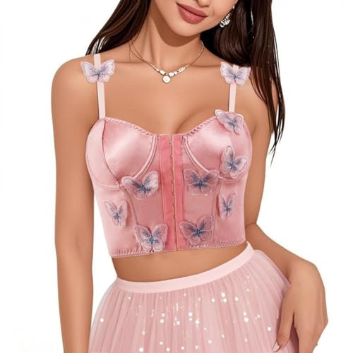 Haoohu Women Butterfly Embroidery Bustier Crop Top Satin Spaghetti