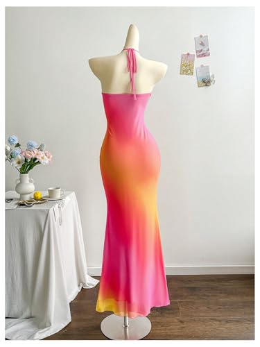 GORGLITTER Women's Metallic Floral Ombre Cocktail Maxi Dresses Halter Sunset Fishtail Bodycon Long Dress3