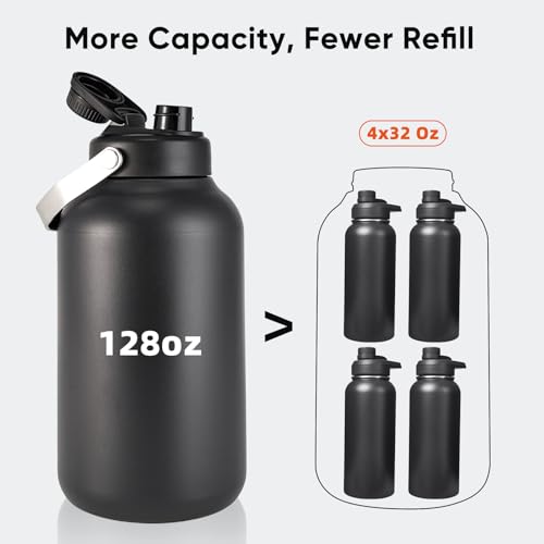 Image of One Gallon Water Bottle, 128oz Stainless Steel Insulated Water Bottle For Hot & Cold Drinks, BPA-Free, Wide Mouth, Leak-Proof Big Water Jug With Handle For Sports, Travel, Hinking & Camping, Black