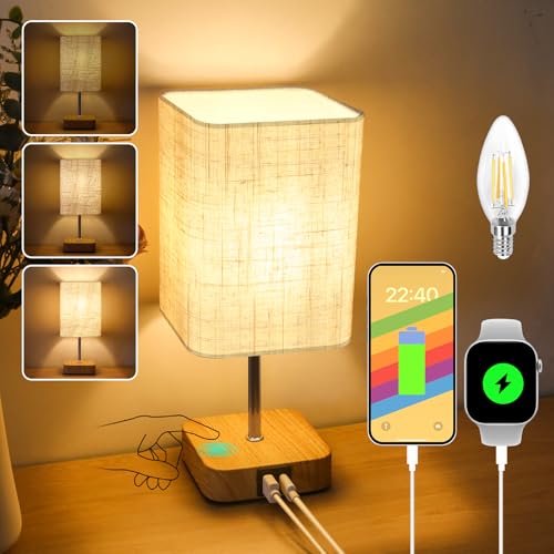 Touch Bedside Table Lamp,Dimmable Touch Control Nightstand Lamps with USB-C&USB-A Charging Ports,Small Lamp Wood Base Beige Flaxen Fabric Shade for Bedroom,Living Room,Office,Dimmable Bulb Included