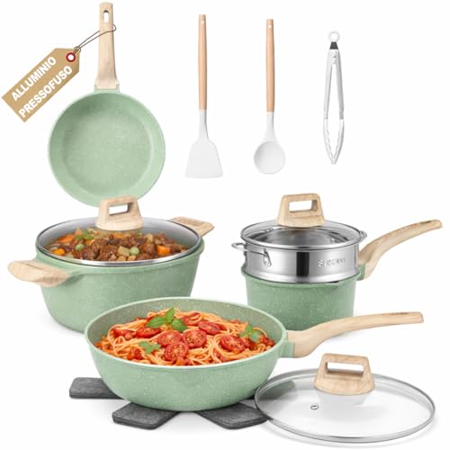 BAKAJI Batería de ollas y sartenes de 15 piezas de inducción y gas, juego apto para todas las placas de cocción, antiadherente de aluminio fundido a presión y efecto granito, con tapa y accesorios