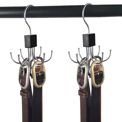 2 Piezas Percha Cinturón,360 Grados Perchero para Cinturones, 14 x 8.5 x 2cm Aceros Inoxidables Organizador Corbatero,Colgador de Cinturones 6 Ganchos,para Corbatas,Calcetines,Ropa Interior,Monederos