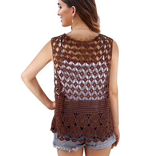 Image of Womens Floral Crochet Lace Boho Trim Sleeveless Open Front Vest Cardigan