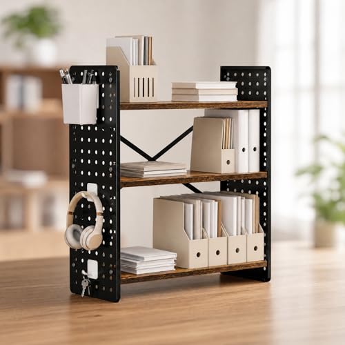 anrekl 3e éTage Organisateur de Bureau, Etagere A Epices, Noir, 60×20×60cm, éTagèRe Bureau Etagere Cuisine A Poser, avec Crochets et BoîTe de Rangement