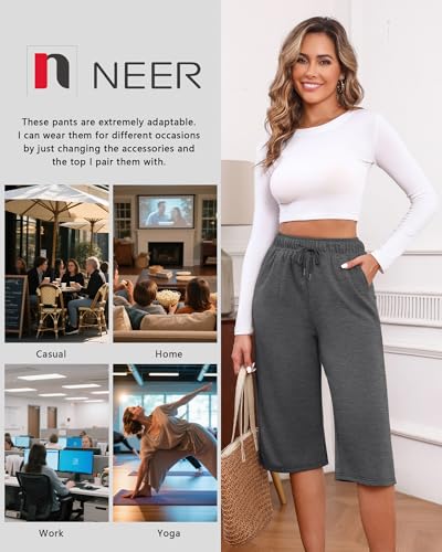 Neer 3 Pack Women's Capri Pants, Drawstring Wide Leg Crop Lounge Sweatpants Summer Yoga Casual Cropped Pants with Pocket3