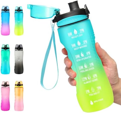 Binudum Trinkflasche Motivations Wasserflasche mit Zeitmarkierung, Sport Tritan BPA freie auslaufsichere Wasserflasche für Jugendliche, Erwachsene, Fitnessstudio (Blau Gold, 25oz/7