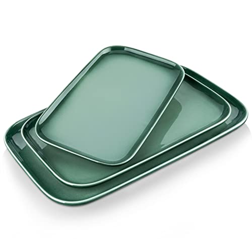 LOVECASA Bandejas para Servir Comida de Gres, Juego de 3 Platos Rectangulares φ 38,1 cm, 33 cm y 27,9 cm, Bandejas de Fiesta, Carne, Entrantes, Comida, Postre, Sushi, Platos Verdes Gradual