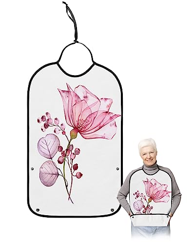 LEOKOTI Watercolor Flower Adult Bibs for Eating, Waterproof Bibs with Food Catcher & Adjustable Snap Closure, Simple Pink Spring Floral Washable Clothing Protectors Adult Bibs for Elderly Women/Men