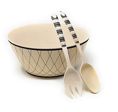 Kucly Ensaladera con Cubiertos para Servir Ensalada 100% Eco-Friendly/Bambú/Ø 25 cm x 11,5 cm (Naif)