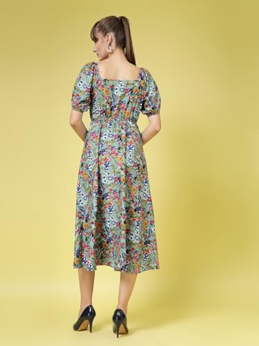 Image of OOMPH! Below Knee Shift Pink Dress in Crepe Fabric with Round Neck and Puff Sleeves - md619l