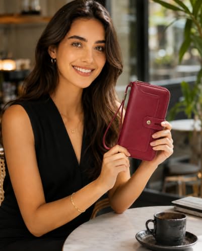 Image of Womens Wallet Rfid Blocking Bifold Leather Wristlet Cute Long Clutch Red | Large Capacity Card Holder Wallet Purse with Zipper,ID Window,Strap for Female Ladies Teen Girls
