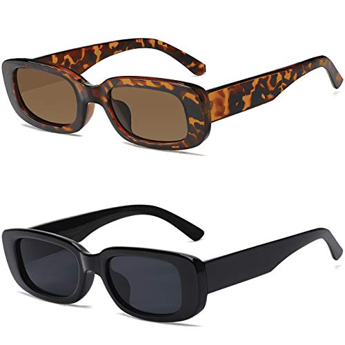 2 Pack Rectangle Sunglasses for Women- Vintage Sunglasses 90s Sunglasses for Women Retro Black and Tortoiseshell