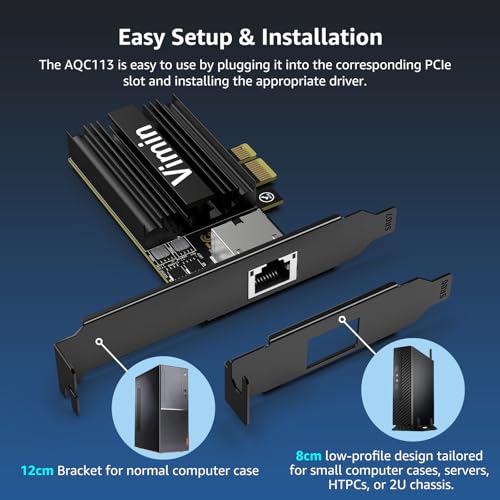 Image of 10G PCIE4.0x1 Network Card, Marvel AQC113 Controller, VIMIN 10Gb Base-T Ethernet Adapter Card Compatible with PCI Express X1,X4,X8,X16, 10G NIC RJ45 Port Support Windows /Windows Server /Linux /VMware