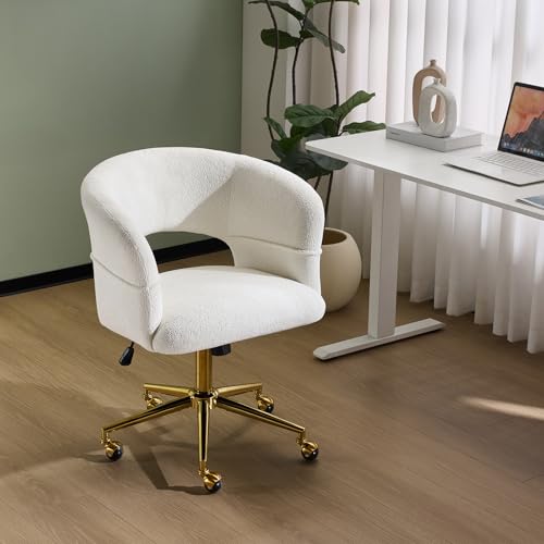 VINGLI Modern Curved Office & Vanity Desk Chair Cute Upholstered Nail Chair with Wheels & 360 Swivel & Club & Tilting & Gold Base for Bedroom Living Room Makeup Velvet Chenille White