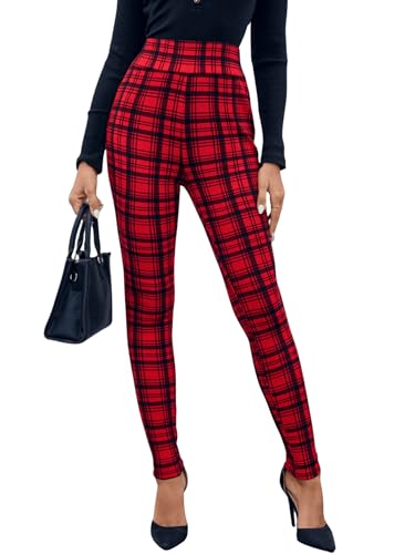 WDIRARA Womens Plaid Leggings High Waisted Skinny Pants Tummy Control Yoga Pants Red Black Large