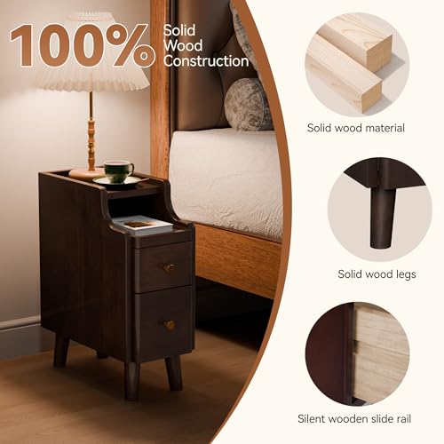 Image of Nightstand, Pre-Assembled, 19.7 inchH Solid Wood Night Stand with 2 Drawers, Open Sliding Shelf, Mid Century Modern Small Bedside Table for Bedroom, Black Walnut 8 inch