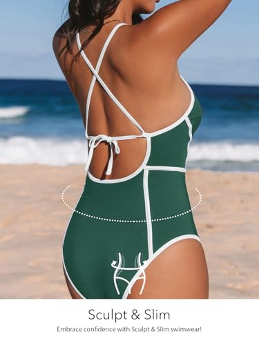 CUPSHE Women's One Piece Swimsuit Plunging V Neck Bathing Suit Crisscross Back Tie Slimming Sculpting Color Block2