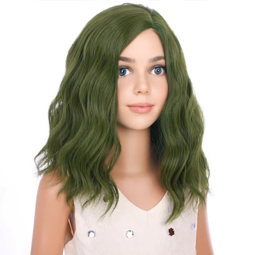Image of PATTNIUM Olive Green Wig Dark Green Wig for Kids Girls Short Curly Wavy Green Wig Shoulder Length Wigs Synthetic Cosplay Wig with Wig Cap