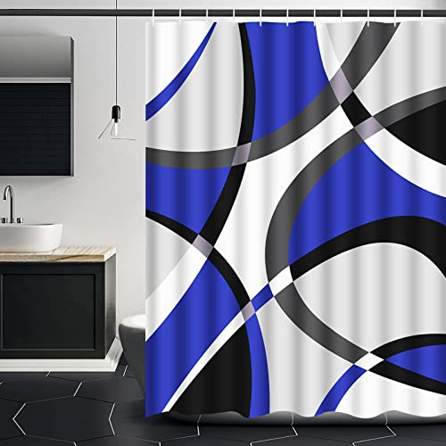 Ikfashoni Blauer geometrischer Duschvorhang, moderner geometrischer Duschvorhang mit 12 Haken, blaue und weiße abstrakte Duschvorhänge für Badezimmer, 175,3 x 177,8 cm Cover