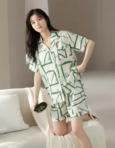 Image of Women Korean Printed Cotton Shirt & Shorts Summer Night Co-Ord Set | Casual Printed Cotton 2 Piece Pajama Set |Button Down Shirt & Shorts Matching Combo |Cute Pjs Sets For Beach Sleepwear Loungewear