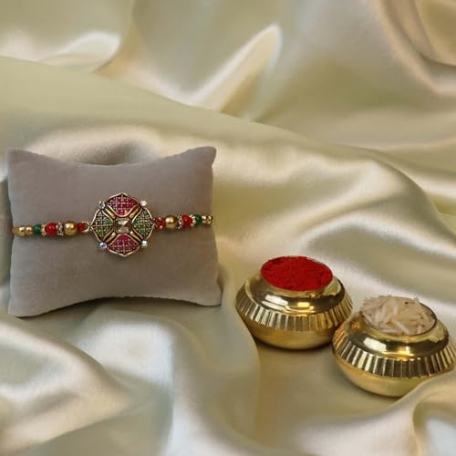 Image of Oblivion Gold Tone Kundan Flower Rakhi Set of 2 for Brother with Silver Colour Pooja Coin, Tilak Set and Greeting Card for Raksha Bandhan Celebration