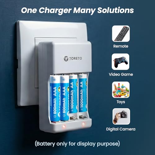 Image of Toreto Powerpod AA /AAA Battery Charger for Ni-MH /Ni-Cd Rechargeable Batteries, Charges 2 or 4 Cells, Smart Charge Control, Dual LED Indicators, Indian Plug, 220V AC Input (White)