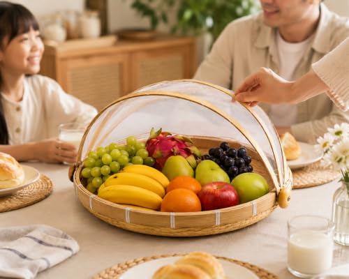Image of Bamboo Storage & Serving Basket with Pop-Up Mesh Cover | Multipurpose Kitchen Organizer for Fruits, Vegetables & Bread | Dustproof Picnic Food Tray (1 Multipurpose Basket) premium Quality