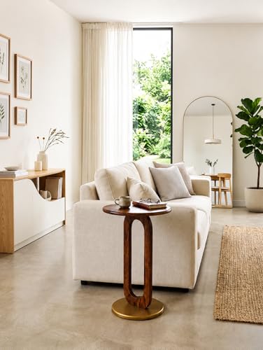 Image of REDWOOD Sheesham Wood End Table | Round Sofa Side Table for Living Room, Bedroom & Lounge | Modern Accent Furniture with Open Pedestal Base | Compact Space Saving Utility Stand | Brown & Golden