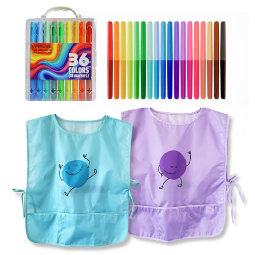 INNMUSE 36 Colors Double Sided Markers with 2 Pieces Art Smocks for Kids,Waterproof Toddler Apron,Stocking Stuffers Art Supplies